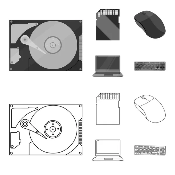 Mouse de computador, laptop e outros equipamentos. Ícones de coleção de conjunto de computador pessoal em esboço, estilo monocromático símbolo vetorial ilustração web . — Vetor de Stock