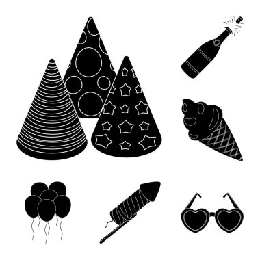 Set koleksiyonu tasarım için parti, eğlence siyah simgeler. Vektör simge stok web illüstrasyon kutlama ve tedavi.