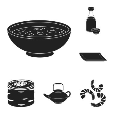 Suşi ve set koleksiyonu tasarım için siyah simgeler baharat. Deniz ürünleri gıda, Aksesuar vektör simge stok çizim.