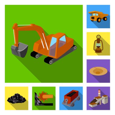 Madencilik Sanayi set koleksiyonu tasarım için düz simgeler. Cihazlar ve sembol stok web illüstrasyon vektör.