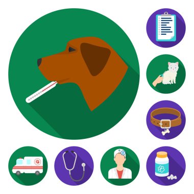 Hayvan hastalıklarıyla ilgili klinik set koleksiyonu tasarım için düz simgeler. Evde beslenen hayvan vektör simge stok web illüstrasyon tedavisinde.