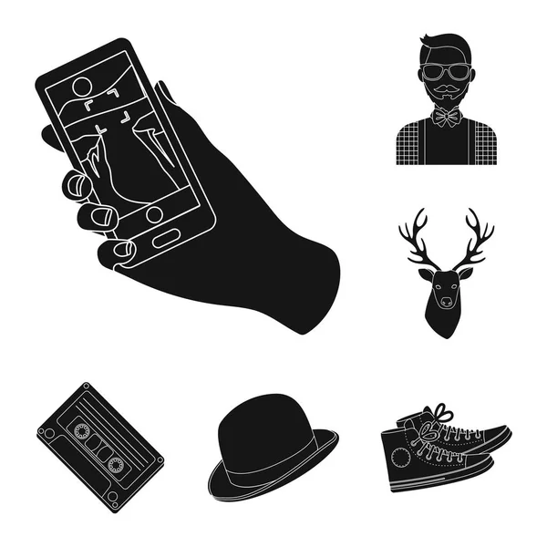 Style Hipster black icons in set collection for design. Hipster Attributes and accessories vector symbol stock web illustration. — Stock Vector