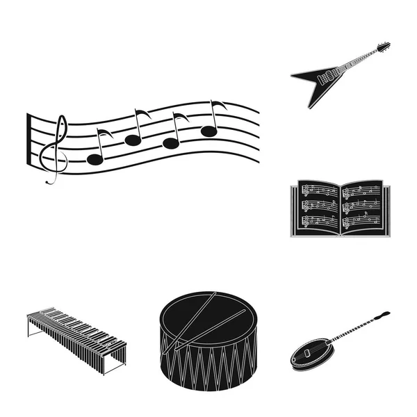 Musikinstrument schwarze Symbole in Set-Kollektion für Design. Saiten- und Blasinstrument isometrisches Vektor-Symbol Stock Web Illustration. — Stockvektor
