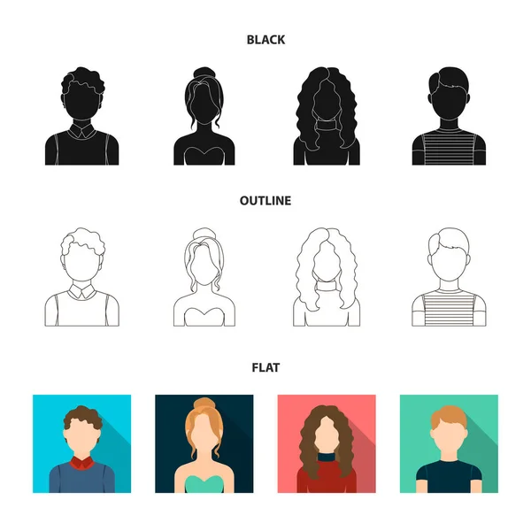 Kıvırcık saçlı çocuk, Sarışın, Kızıl saçlı, genç. Avatar koleksiyonu Icons set siyah, düz, anahat stili vektör simge stok çizim web. — Stok Vektör