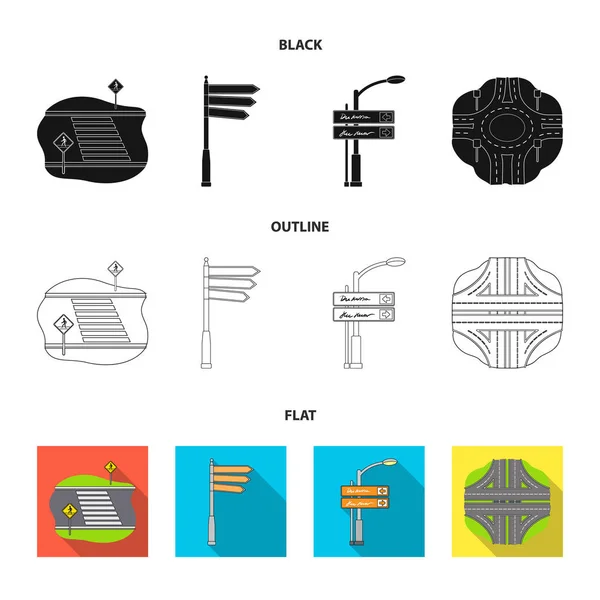 Panneaux de direction et autres icônes web en noir, plat, contour style.Carrefours routiers et icônes de panneaux dans la collection set . — Image vectorielle