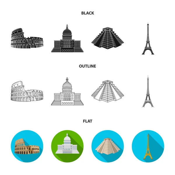 Lugares de interés de diferentes países negro, plano, iconos de contorno en la colección de conjuntos para el diseño. Famoso edificio vector símbolo stock web ilustración . — Archivo Imágenes Vectoriales