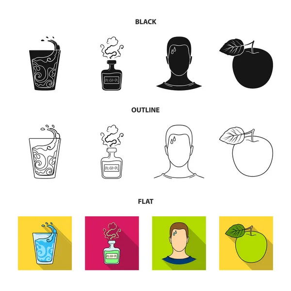 Un vaso de agua, una botella de alcohol, un hombre sudando, una manzana. Conjunto de iconos de la colección Diabeth en negro, plano, contorno estilo vector símbolo stock ilustración web . — Archivo Imágenes Vectoriales