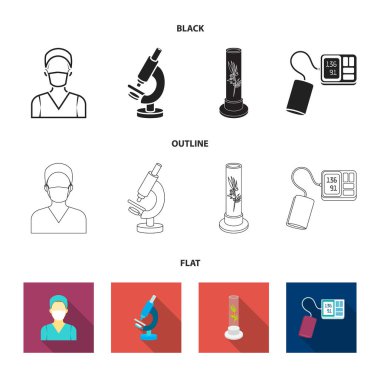 Tüp bebek bitki, Hemşire, mikroskop, tonometer. Tıp koleksiyonu Icons set siyah, düz, anahat stili vektör simge stok çizim web.