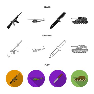 Saldırı tüfeği M16, helikopter, tank, savaş bıçak. Askeri ve ordu koleksiyonu Icons set siyah, düz, anahat stili vektör simge stok çizim web.