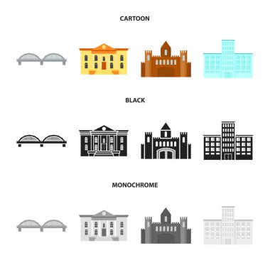 Müze, köprü, kale, hastane. Binada toplama simgeler çizgi film, siyah, tek renkli stil vektör simge stok çizim web içinde.