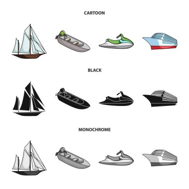Antik Yelkenli, motorlu tekne, scooter, deniz gemisi. Gemi ve Su ulaştırma araçları toplama simgeler çizgi film, siyah, tek renkli stil vektör simge stok çizim web ayarla.