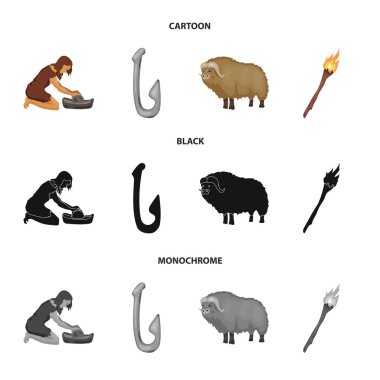 Sığır, yakalamak, kanca, Balık tutma. Taş devri çizgi film, siyah, tek renkli stil vektör simge stok çizim web simgeler ayarla.