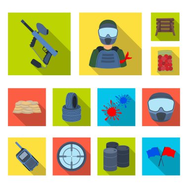 Paintball takım set koleksiyonu tasarım için oyun düz simgeler. Ekipman ve kıyafet sembol stok web illüstrasyon vektör.