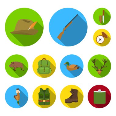 Düz set koleksiyonu tasarım için simgeleri Avcılık ve kupa. Avcılık ve ekipman sembol stok web illüstrasyon vektör.