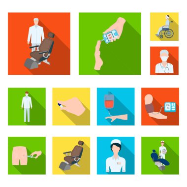 İlaç ve tedavi düz simgeler set koleksiyonu tasarım için. Hastane ve ekipman sembol stok illüstrasyon vektör.