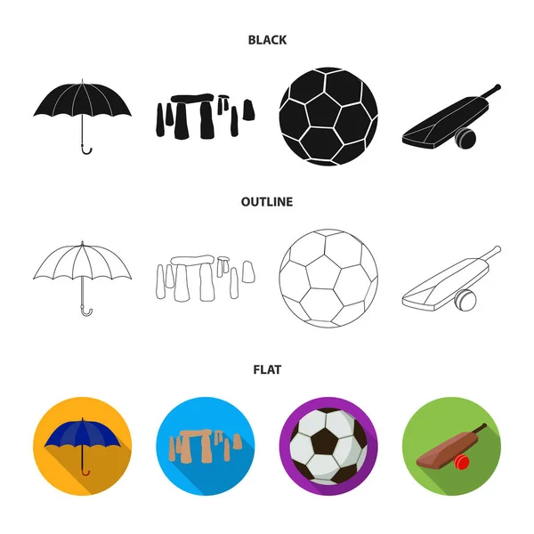 Umbrella, stone, ball, cricket .England country set collection icons in black,flat,outline style vector symbol stock illustration web. — Stock Vector