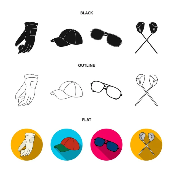 Перчатка для игры в гольф с мячом, красная кепка, солнцезащитные очки, два клуба. Гольф-клуб набор значков коллекции в черном, плоском, очертания стиль векторных символов иконок иконки . — стоковый вектор