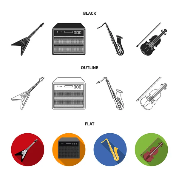 E-Gitarre, Lautsprecher, Saxophon, Geige. Musikinstrumente setzen Sammlungssymbole in schwarz, flach, Umriss Stil Vektor Symbol Stock Illustration Web. — Stockvektor