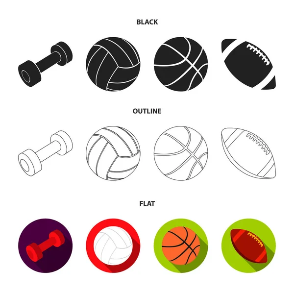 Blå hantel, vit fotboll, basket, rugby boll. Sport som samling ikoner i svart, platt, disposition stil vektor symbol stock illustration web. — Stock vektor