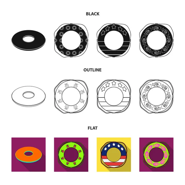 Разноцветный круг плавания черный, плоский, контуры иконки в коллекции наборов для дизайна. Различные векторные символы спасательных буев веб-иллюстрация . — стоковый вектор
