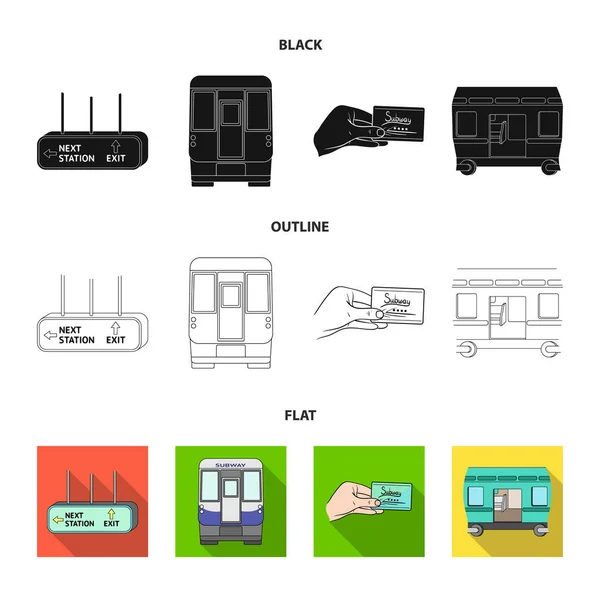 Transporte, público, tren y otro icono web en negro, plano, contorno style.Equipment, atributos, iconos de mecanismo en la colección de conjuntos . — Vector de stock