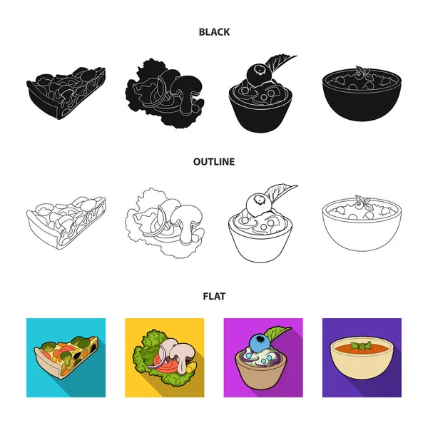 Trozo de pizza vegetariana con tomates, hojas de lechuga con champiñones, pastel de arándanos, sopa vegetariana con verduras. Los platos vegetarianos establecen iconos de colección en negro, plano, contorno estilo vector símbolo — Vector de stock