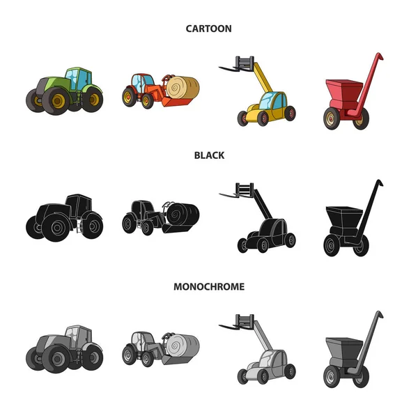 Traktor, hø balancer og andre landbrugsudstyr. Landbrugsmaskiner sæt samling ikoner i tegneserie, sort, monokrom stil vektor symbol lager illustration web . – Stock-vektor