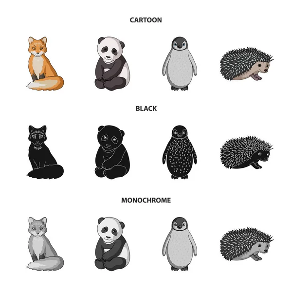 Fox, panda, riccio, pinguino e altri animali.Animali set icone di raccolta in cartone animato, nero, in stile monocromatico vettore simbolo stock illustrazione web . — Vettoriale Stock