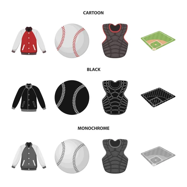 Aire de jeux, veste, ballon, gilet de protection. Ensemble de baseball collection icônes en dessin animé, noir, monochrome style vectoriel symbole illustration web . — Image vectorielle