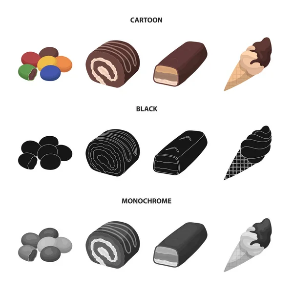 Dragee, roll, tabulku čokolády, zmrzliny. Čokoládové moučníky sada kolekce ikon v karikatuře, černá, monochromatickém stylu vektor symbol skladem ilustrace web. — Stockový vektor