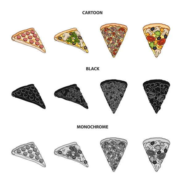 Ένα κομμάτι πίτσα με διαφορετικά συστατικά. Πίτσα διαφορετική συλλογή εικόνες που σε καρτουν, μαυρες, μονόχρωμη στυλ διάνυσμα σύμβολο μετοχής εικονογράφηση web. — Διανυσματικό Αρχείο