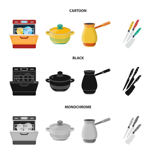 Equipo de cocina de dibujos animados, negro, iconos monocromáticos en la colección de conjuntos para el diseño. Cocina y accesorios vector símbolo stock web ilustración . — Vector de stock