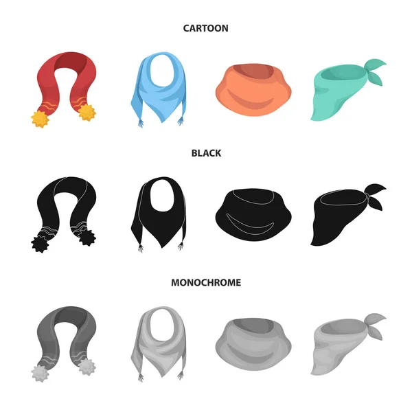 Différents types d'écharpes, foulards et châles. Foulards et châles mis icônes de la collection en dessin animé, noir, monochrome style vectoriel symbole illustration web . — Image vectorielle