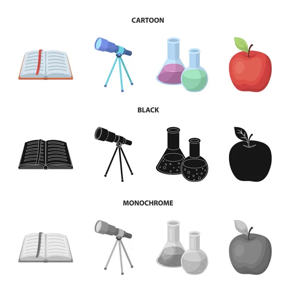 En öppen bok med ett bokmärke, ett teleskop, kolvar med reagenser, ett rött äpple. Skolor och utbildning som samling ikoner i tecknad, svart, svartvit stil vektor symbol stock illustration web. — Stock vektor