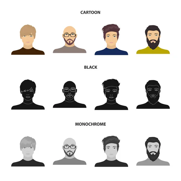 Az arc, egy kopasz ember a szemüveg és a szakáll, a szakállas férfi, a megjelenése egy srác egy frizurát. Arc és a megjelenése állítsa be ikonok gyűjtemény raktáron rajzfilm, fekete, fekete-fehér stílus vektor szimbólum — Stock Vector