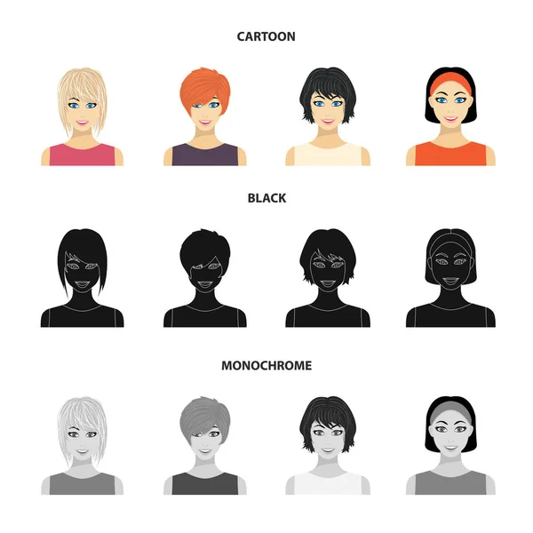 Types of female hairstyles cartoon, black, monochrome icons in set collection for design. Внешний вид веб-иллюстрации женского векторного символа . — стоковый вектор