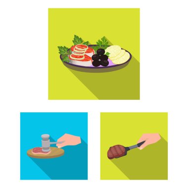 Yemek yemek düz simgeler set koleksiyonu tasarım için. Mutfak, cihazlar ve sembol stok illüstrasyon vektör.