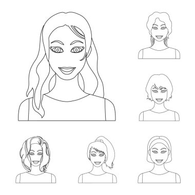 Kadın saç modelleri türleri set koleksiyonu tasarım için simgeleri anahat. Bir kadın vektör simge stok web illüstrasyon görünümünü.
