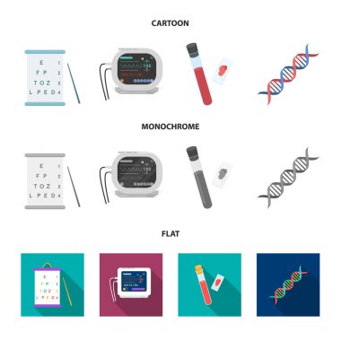 Görme testleri, kan testi, bir Dna kodu, bir EKG Cihazı tablosu. Tıp küme toplama simgeler karikatür, düz, tek renkli stil vektör simge stok çizim web.