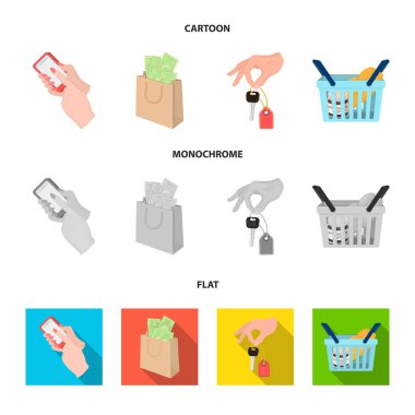 Cep telefonu, para ve diğer web simgesi karikatür, düz ile paket, tek renkli stil. elinde bir sepet ile gıda simgeler kümesi koleksiyonundaki bir anahtar.