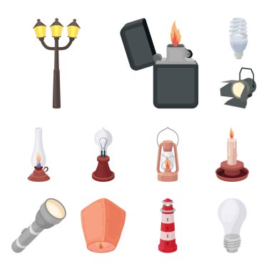Set koleksiyonu tasarım için ışık kaynağı karikatür simgeler. Işık ve ekipman sembol stok web illüstrasyon vektör.