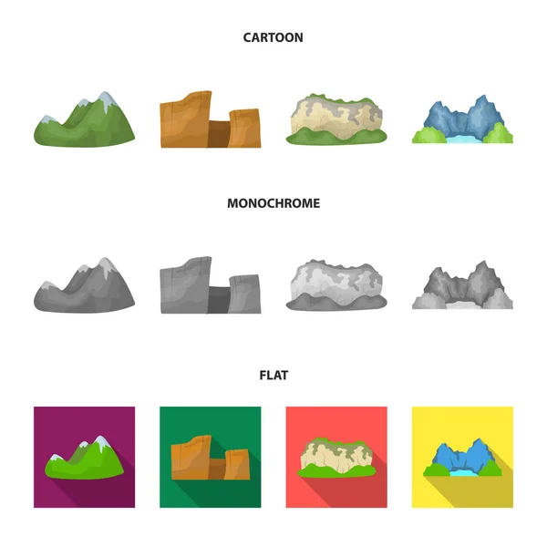 Зеленые горы со снежными вершинами, каньон, скалы с лесами, лагуна и скалы. Различные горы настраивают иконки коллекции в мультфильме, плоский, монохромный стиль векторных символов иконок . — стоковый вектор