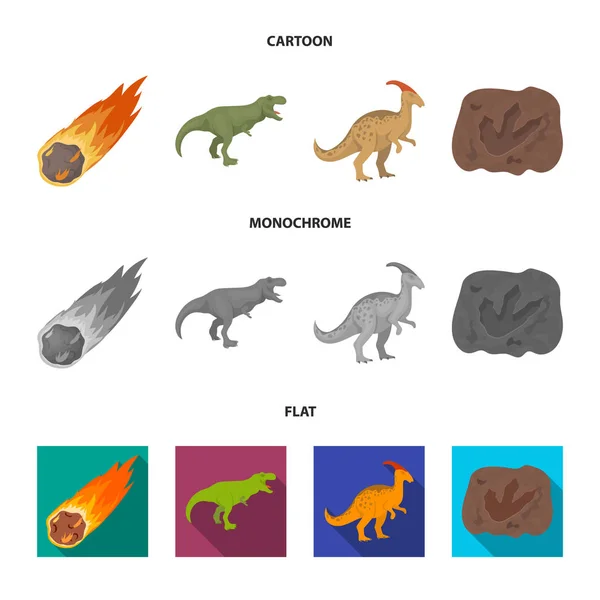 En fallande meteorit, parasaurolophus, tyrannosaurus, ett avtryck av en dinosaurie fot. Den dinosaurie och förhistoriska perioden set samling ikoner i tecknad, platt, svartvit stil vektor symbol stock — Stock vektor