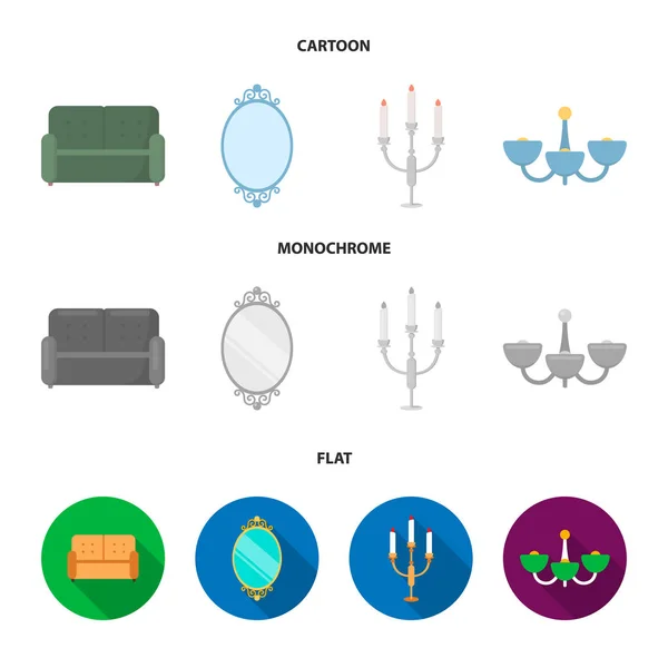 Sofa, mirror, candlestick, chandelier.FurnitureFurniture set collection icons in cartoon, flat, monochrome style vector symbol stock illustration web . - Stok Vektor