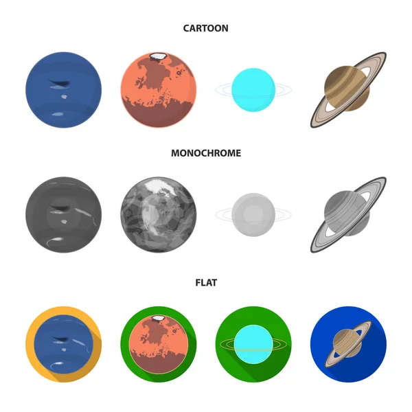 Neptune, Mars, Saturne, Uranus du système solaire. Planètes ensemble icônes de collection en dessin animé, plat, monochrome style vectoriel symbole illustration web . — Image vectorielle