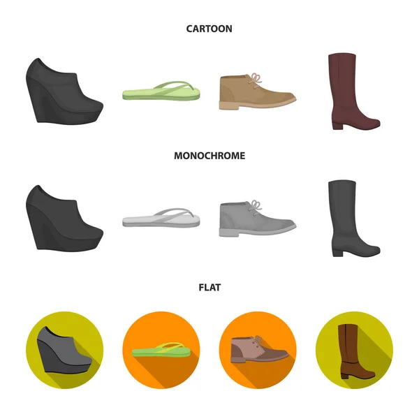 Φθινόπωρο μαύρα παπούτσια σε ένα υψηλό πλατφόρμα, flip-flops πράσινο για χαλάρωση, αμμώδεις ανδρών φθινόπωρο παπούτσια, ψηλές μπότες καφέ. Παπούτσια σετ συλλογής εικόνες σε κινούμενα σχέδια, επίπεδη, μονόχρωμη στυλ διάνυσμα απόθεμα σύμβολο — Διανυσματικό Αρχείο