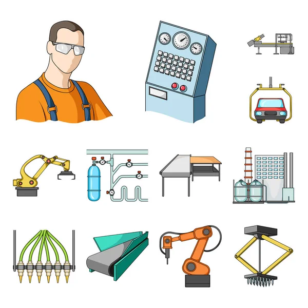 Apparatuur en machine cartoon pictogrammen in set collectie voor design. Vooruitgang van de techniek van de fabriek vectorillustratie symbool voorraad web. — Stockvector