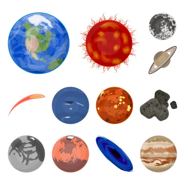 Planetas del sistema solar iconos de dibujos animados en la colección de conjuntos para el diseño. Cosmos y astronomía vector símbolo stock web ilustración . — Vector de stock