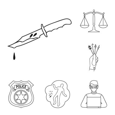 Suç ve ceza set koleksiyonu tasarım için simgeleri anahat. Suç vektör simge stok web çizim.