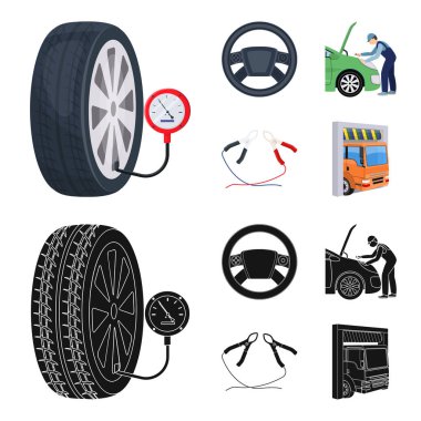 Set koleksiyonu tasarım için motor ayarı, direksiyon simidi, kelepçe ve tekerlek çizgi film, siyah simgeler. Araba bakım istasyonu vektör simge stok çizim web.